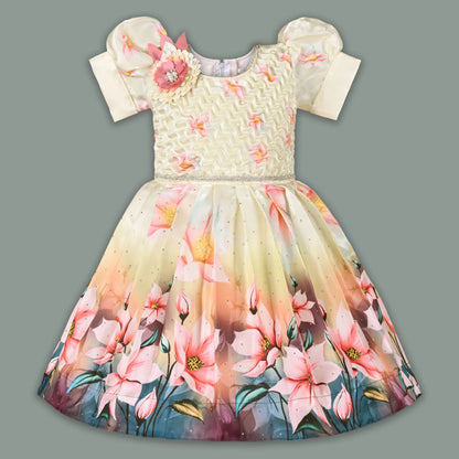 Elegant Kids Floral Party Dress – Satin Fabric | Puff Sleeves | Premium Occasion Wear