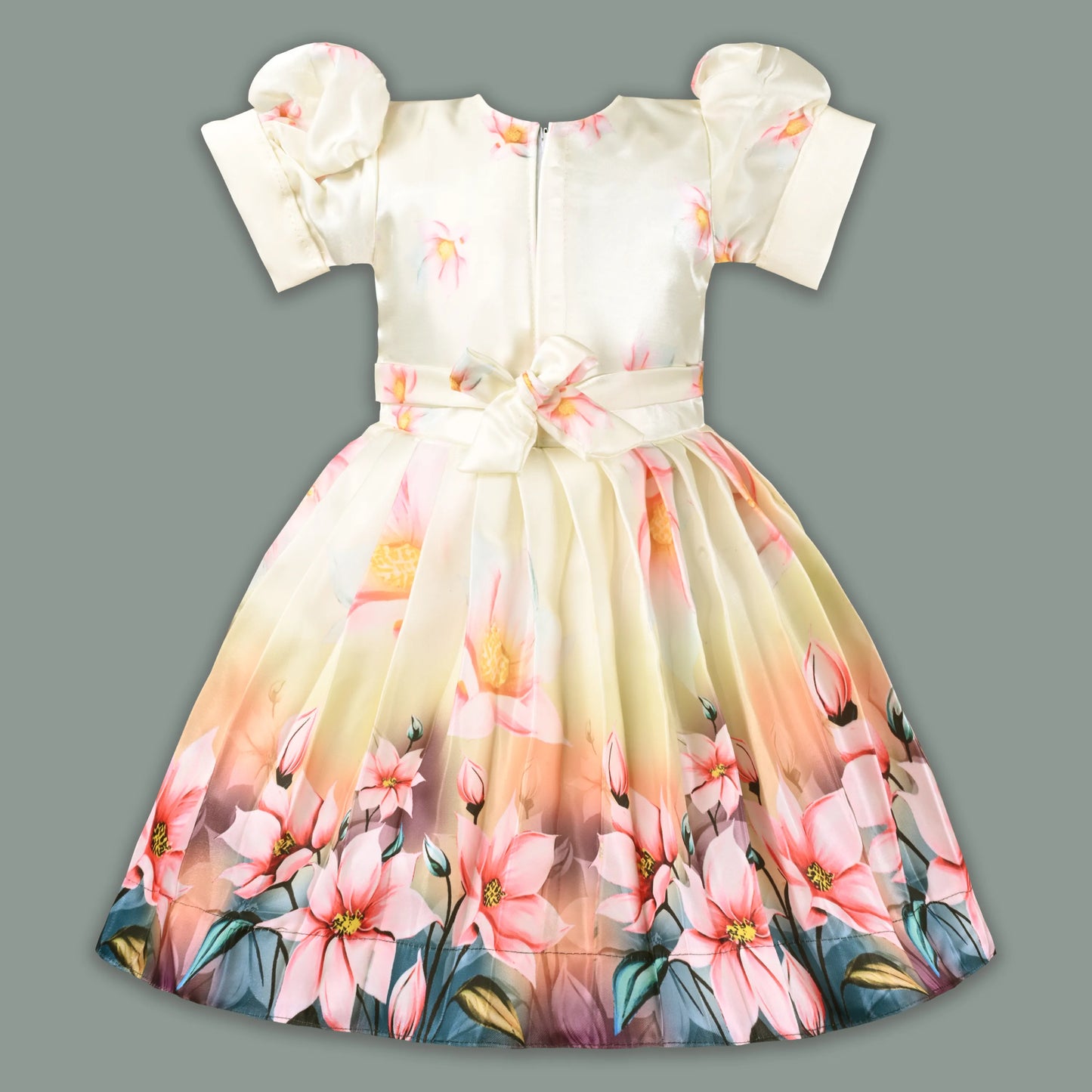Elegant Kids Floral Party Dress – Satin Fabric | Puff Sleeves | Premium Occasion Wear
