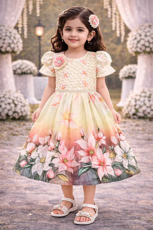 Elegant Kids Floral Party Dress – Satin Fabric | Puff Sleeves | Premium Occasion Wear