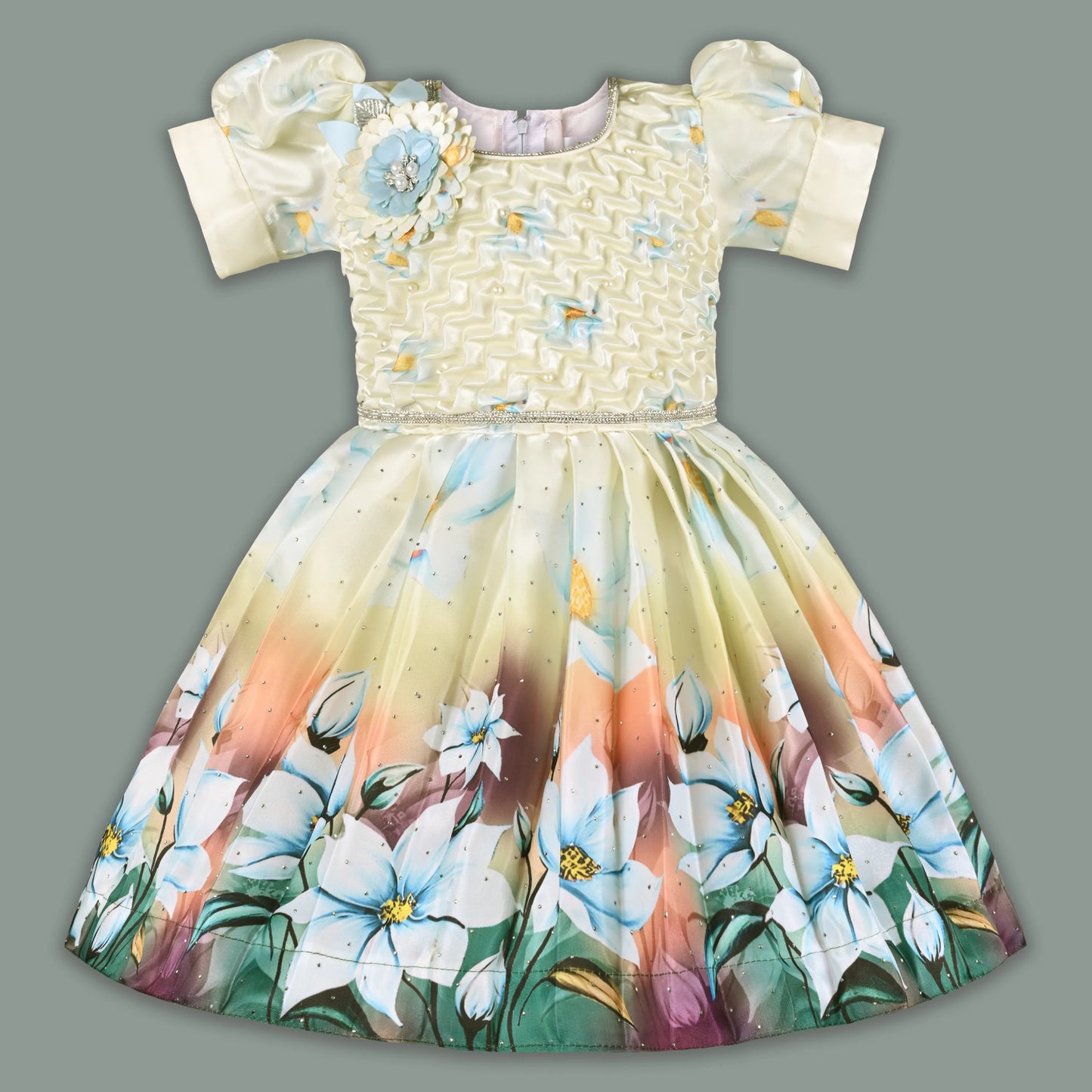 Elegant Kids Floral Party Dress – Satin Fabric | Puff Sleeves | Premium Occasion Wear