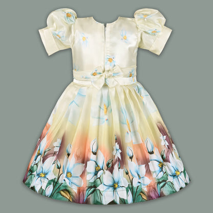 Elegant Kids Floral Party Dress – Satin Fabric | Puff Sleeves | Premium Occasion Wear