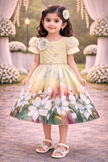Elegant Kids Floral Party Dress – Satin Fabric | Puff Sleeves | Premium Occasion Wear