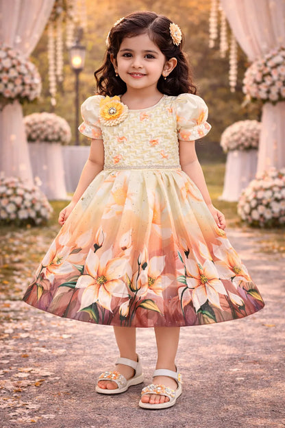Elegant Kids Floral Party Dress – Satin Fabric | Puff Sleeves | Premium Occasion Wear