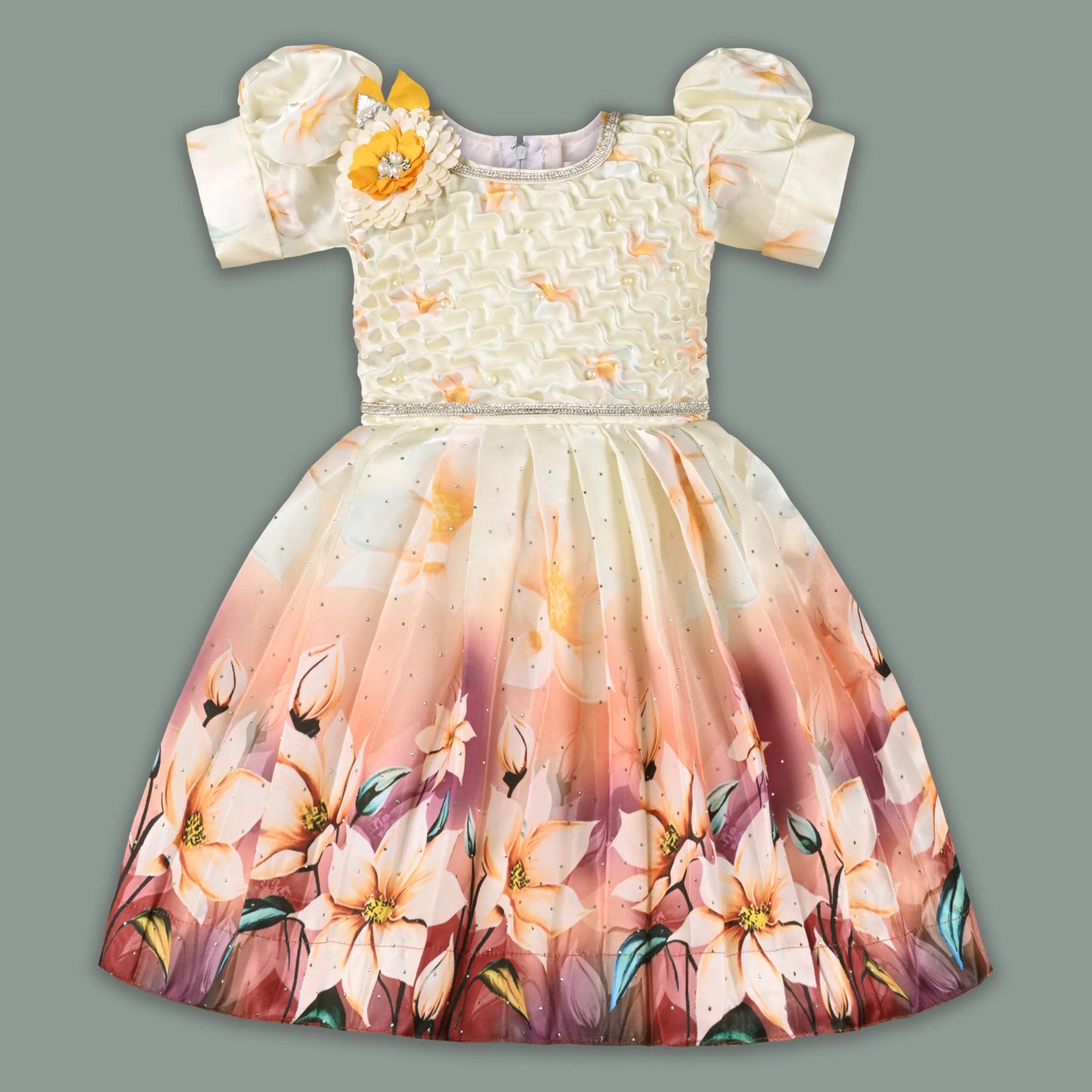 Elegant Kids Floral Party Dress – Satin Fabric | Puff Sleeves | Premium Occasion Wear