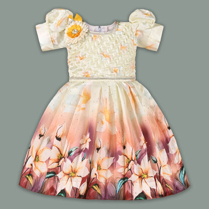 Elegant Kids Floral Party Dress – Satin Fabric | Puff Sleeves | Premium Occasion Wear