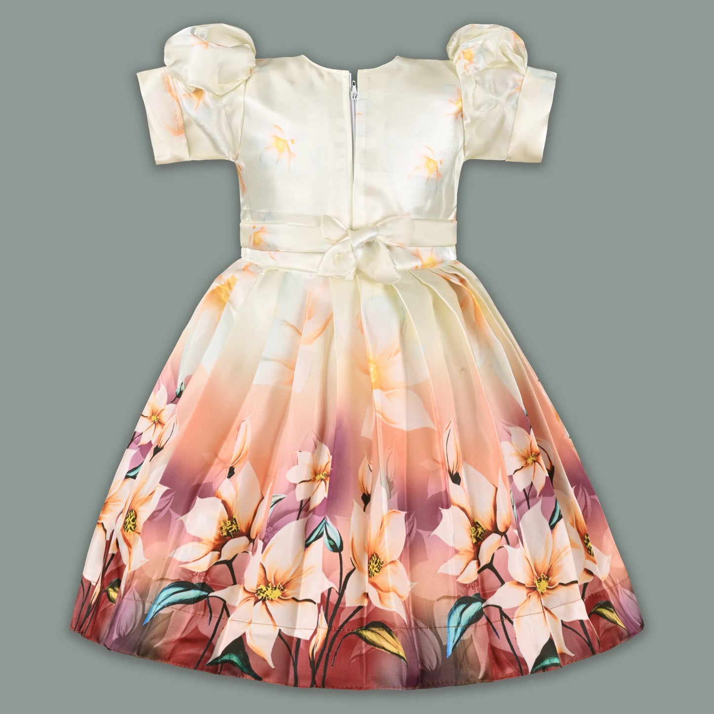 Elegant Kids Floral Party Dress – Satin Fabric | Puff Sleeves | Premium Occasion Wear