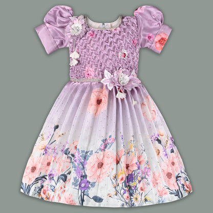 Girls Satin Floral Party Frock for Girls with Puff Sleeves