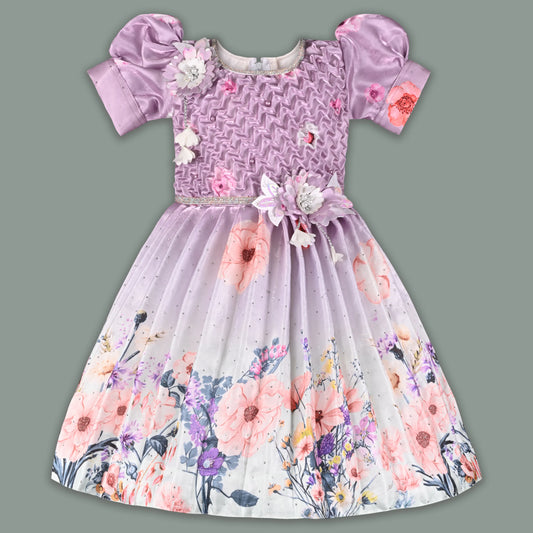 Girls Satin Floral Party Frock for Girls with Puff Sleeves