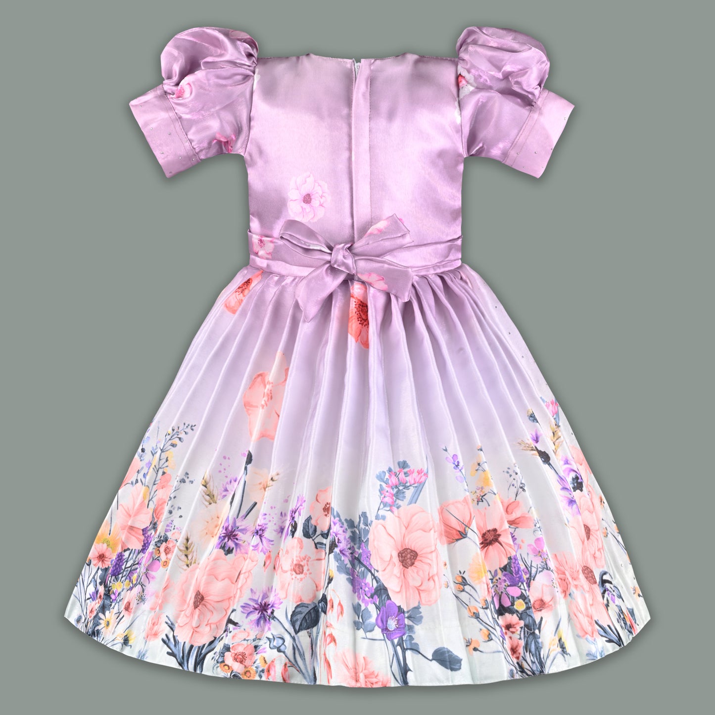 Girls Satin Floral Party Frock for Girls with Puff Sleeves