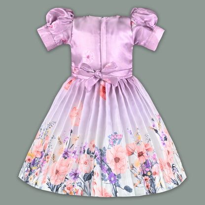 Girls Satin Floral Party Frock for Girls with Puff Sleeves
