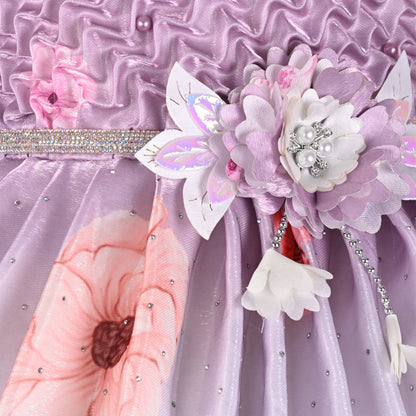 Girls Satin Floral Party Frock for Girls with Puff Sleeves