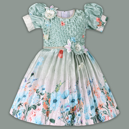 Girls Satin Floral Party Frock for Girls with Puff Sleeves