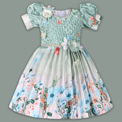 Girls Satin Floral Party Frock for Girls with Puff Sleeves