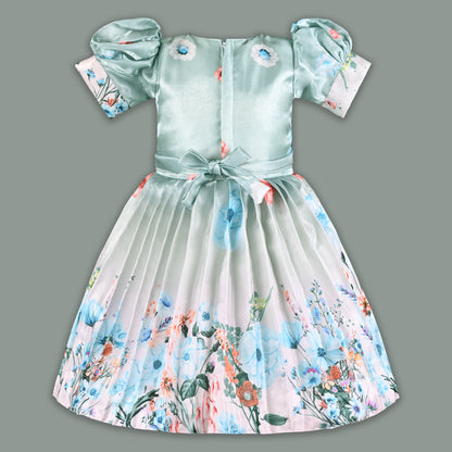 Girls Satin Floral Party Frock for Girls with Puff Sleeves