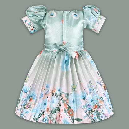 Girls Satin Floral Party Frock for Girls with Puff Sleeves