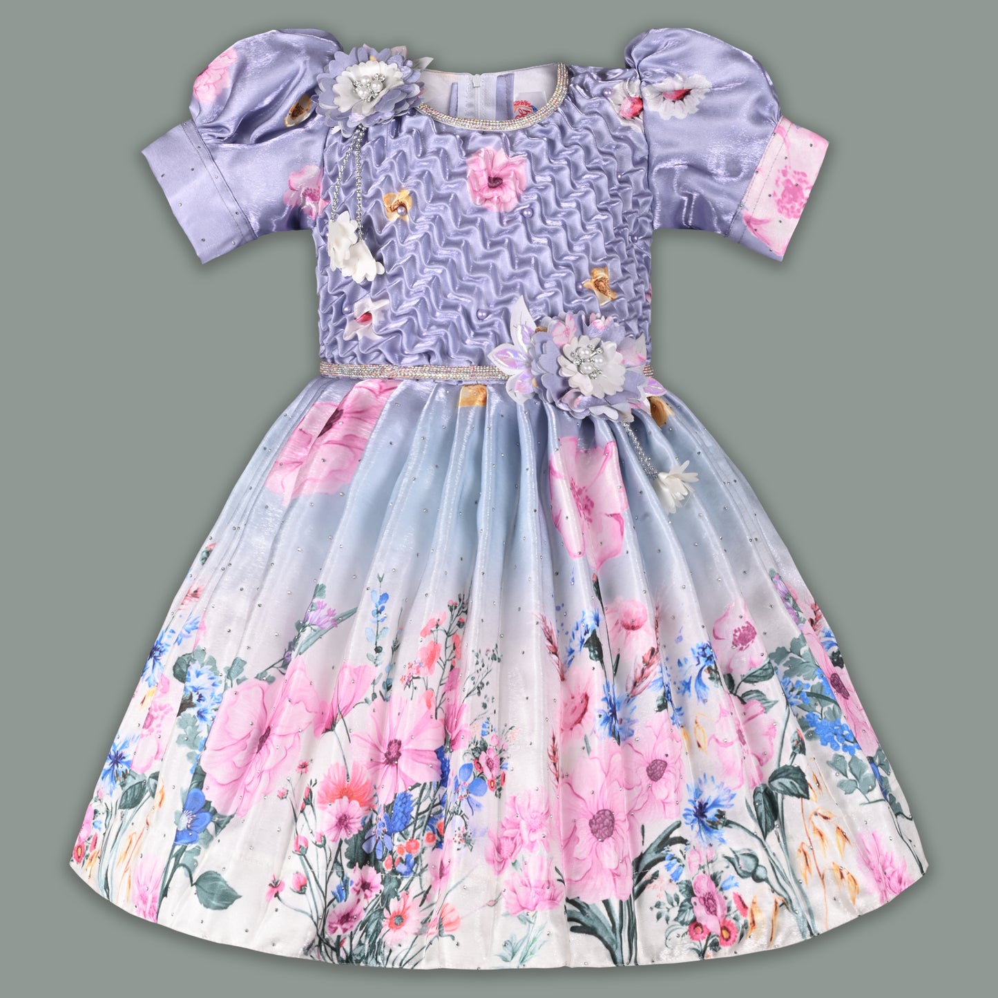Girls Satin Floral Party Frock for Girls with Puff Sleeves