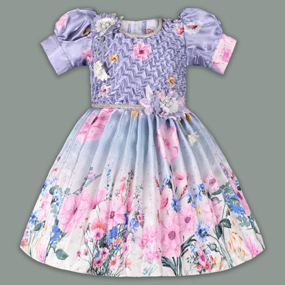 Girls Satin Floral Party Frock for Girls with Puff Sleeves