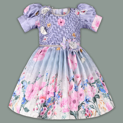Girls Satin Floral Party Frock for Girls with Puff Sleeves