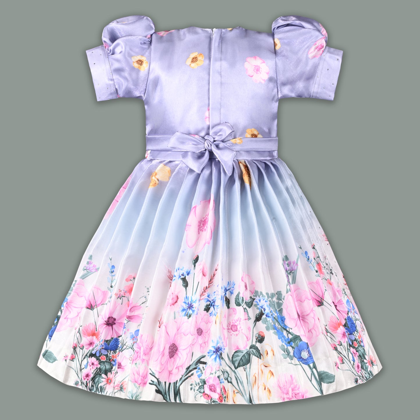 Girls Satin Floral Party Frock for Girls with Puff Sleeves