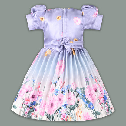 Girls Satin Floral Party Frock for Girls with Puff Sleeves