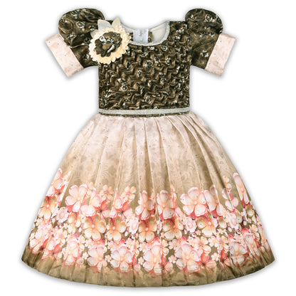 Elegant Kids Floral Party Dress – Satin Fabric | Puff Sleeves | Designer Occasion Wear
