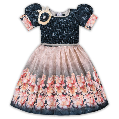 Elegant Kids Floral Party Dress – Satin Fabric | Puff Sleeves | Designer Occasion Wear
