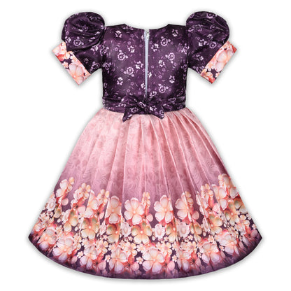 Elegant Kids Floral Party Dress – Satin Fabric | Puff Sleeves | Designer Occasion Wear
