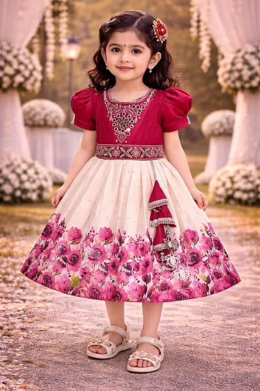 Elegant Kids Party Dress – Satin Fabric | Embroidered Bodice | Floral Print Occasion Wear