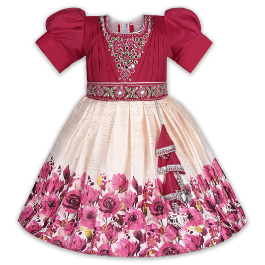 Elegant Kids Party Dress – Satin Fabric | Embroidered Bodice | Floral Print Occasion Wear