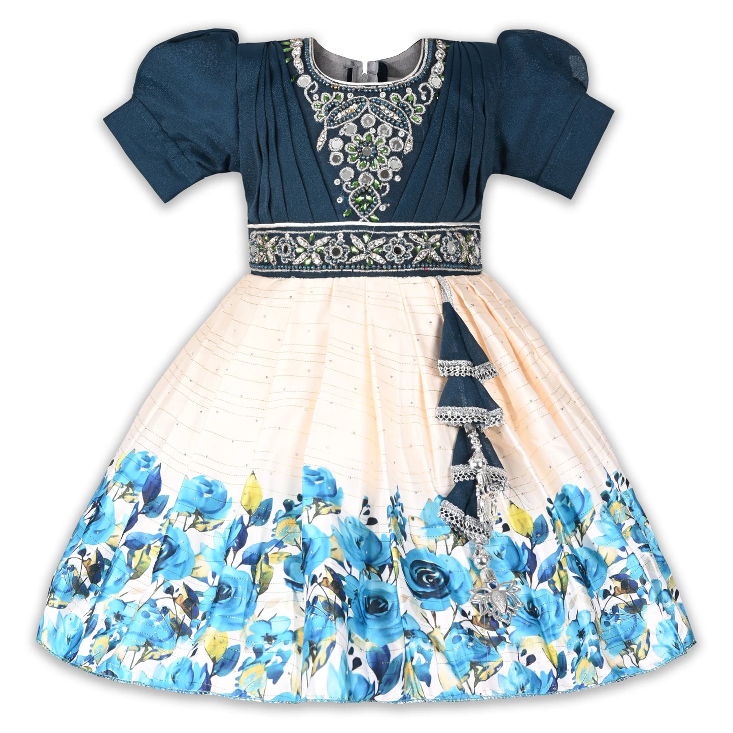 Elegant Kids Party Dress – Satin Fabric | Embroidered Bodice | Floral Print Occasion Wear