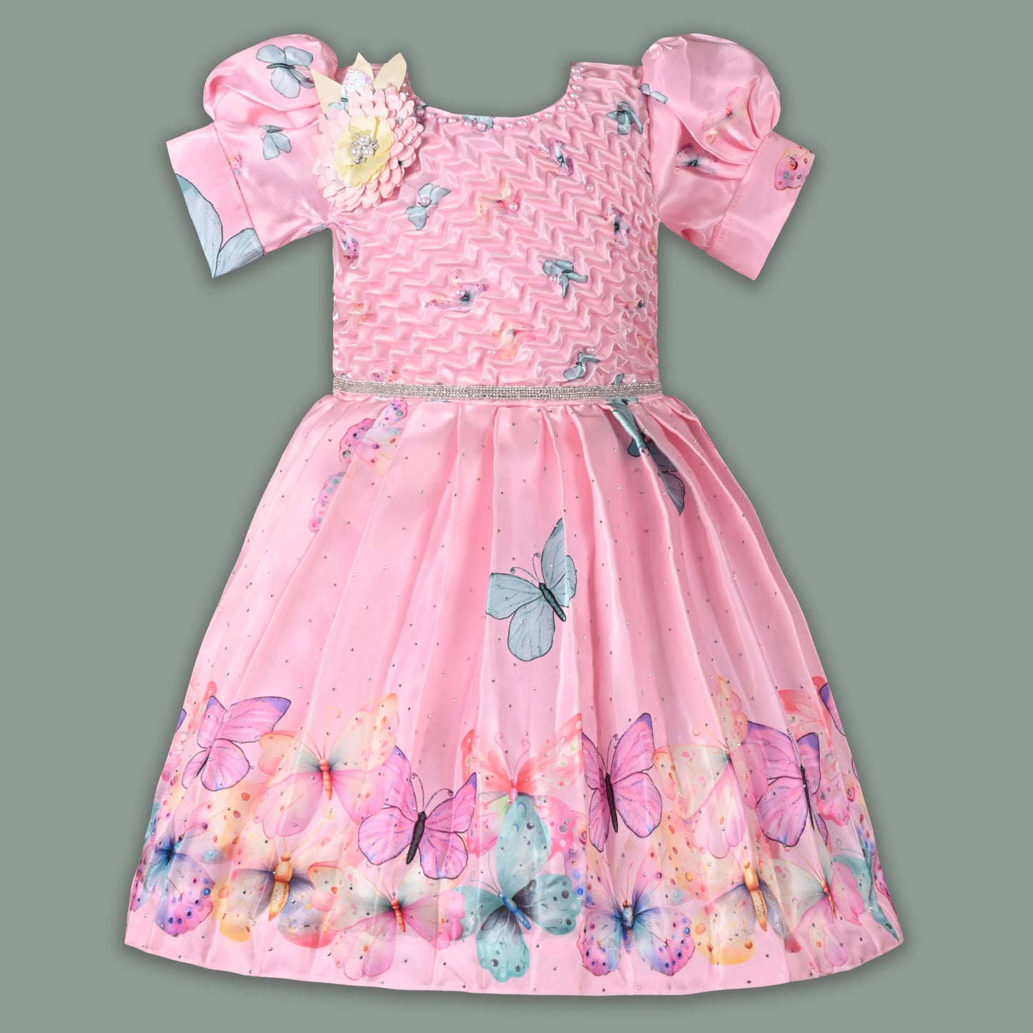 Elegant Kids Butterfly Party Dress – Satin Fabric | Puff Sleeves | Floral Applique Occasion Wear