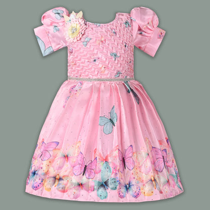 Elegant Kids Butterfly Party Dress – Satin Fabric | Puff Sleeves | Floral Applique Occasion Wear