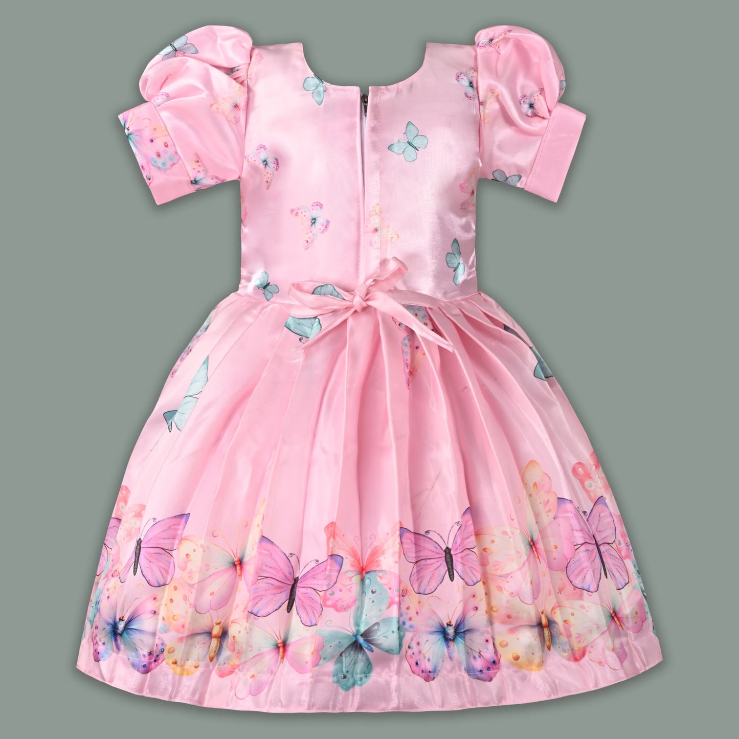 Elegant Kids Butterfly Party Dress – Satin Fabric | Puff Sleeves | Floral Applique Occasion Wear