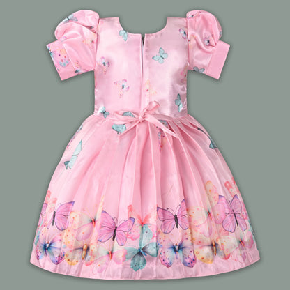 Elegant Kids Butterfly Party Dress – Satin Fabric | Puff Sleeves | Floral Applique Occasion Wear