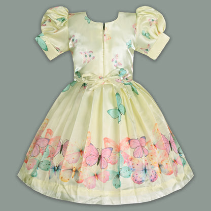 Elegant Kids Butterfly Party Dress – Satin Fabric | Puff Sleeves | Floral Applique Occasion Wear