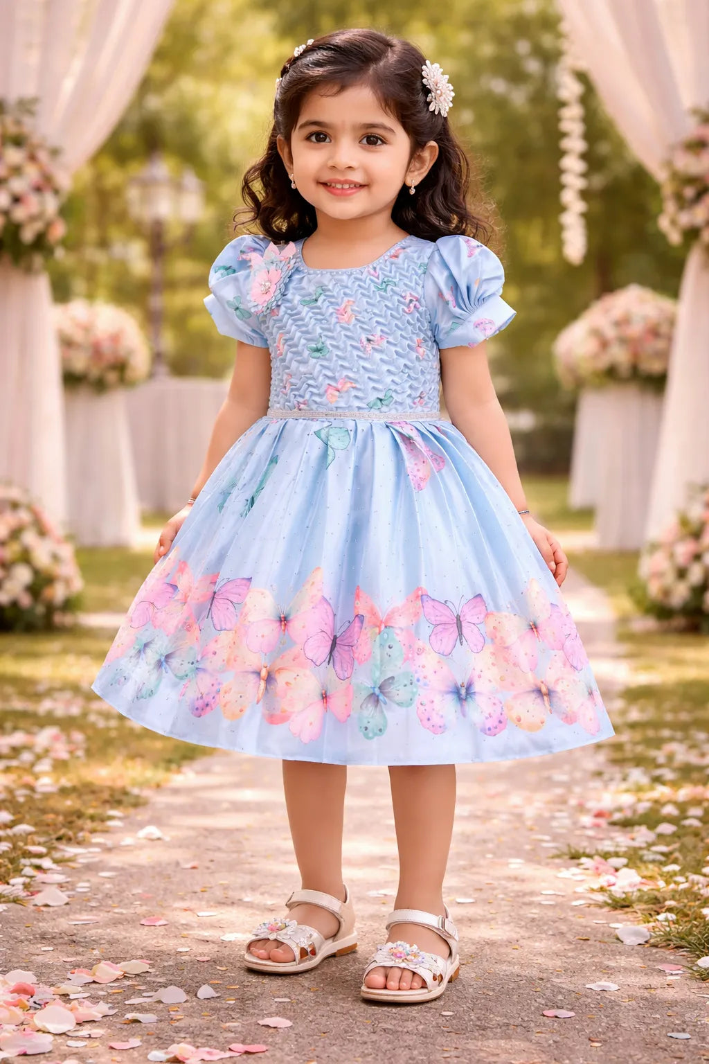 Elegant Kids Butterfly Party Dress – Satin Fabric | Puff Sleeves | Floral Applique Occasion Wear