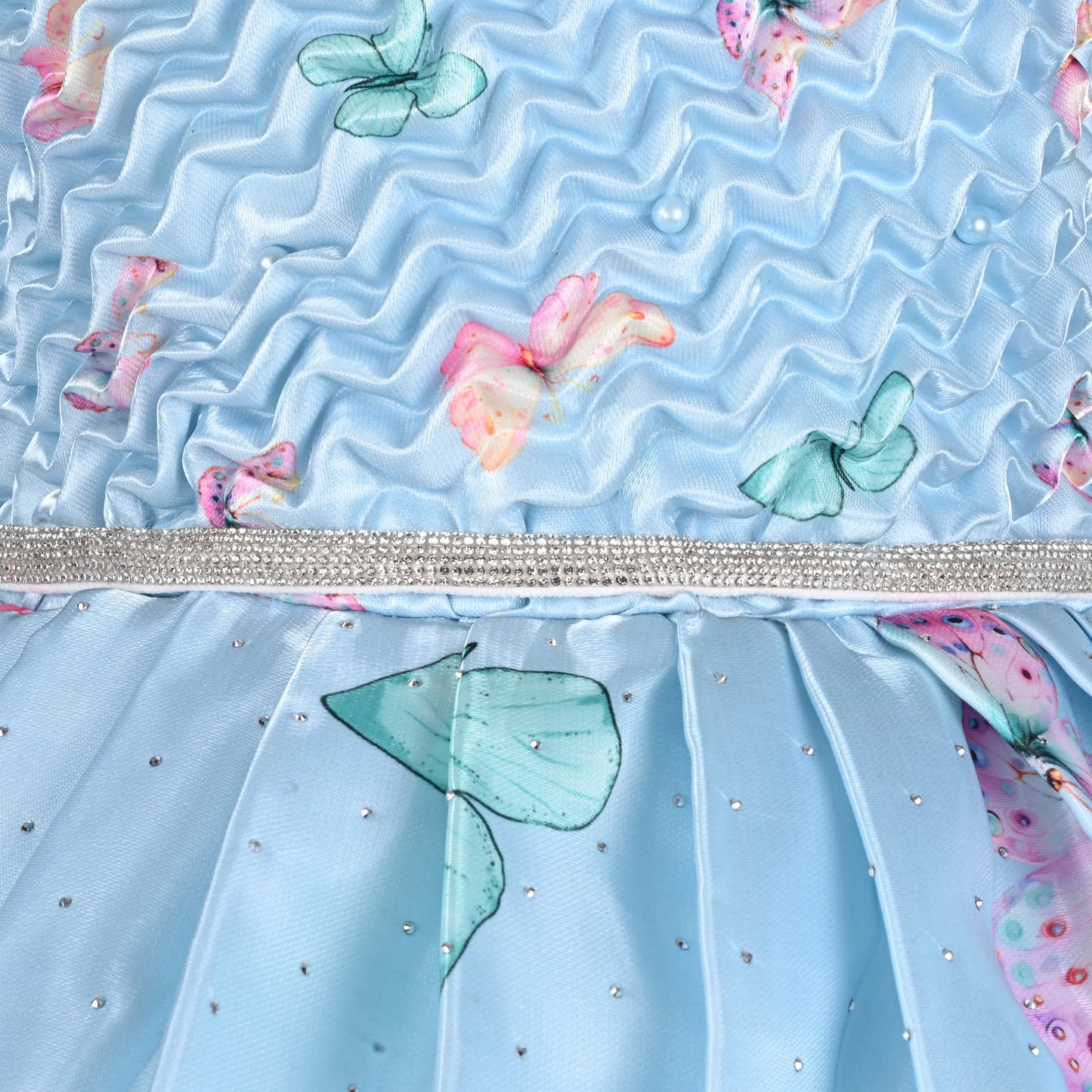 Elegant Kids Butterfly Party Dress – Satin Fabric | Puff Sleeves | Floral Applique Occasion Wear