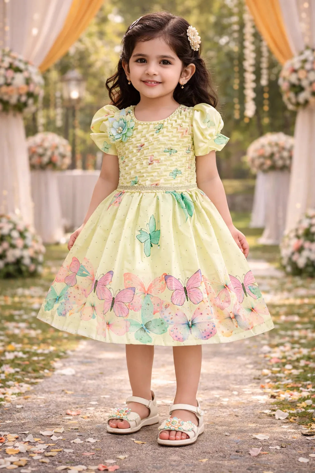 Elegant Kids Butterfly Party Dress – Satin Fabric | Puff Sleeves | Floral Applique Occasion Wear