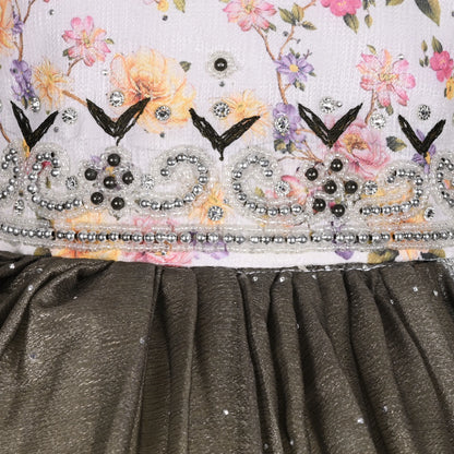 Elegant Kids Floral Party Dress – Art Silk Fabric | Embroidered Bodice | Puff Sleeves Occasion Wear