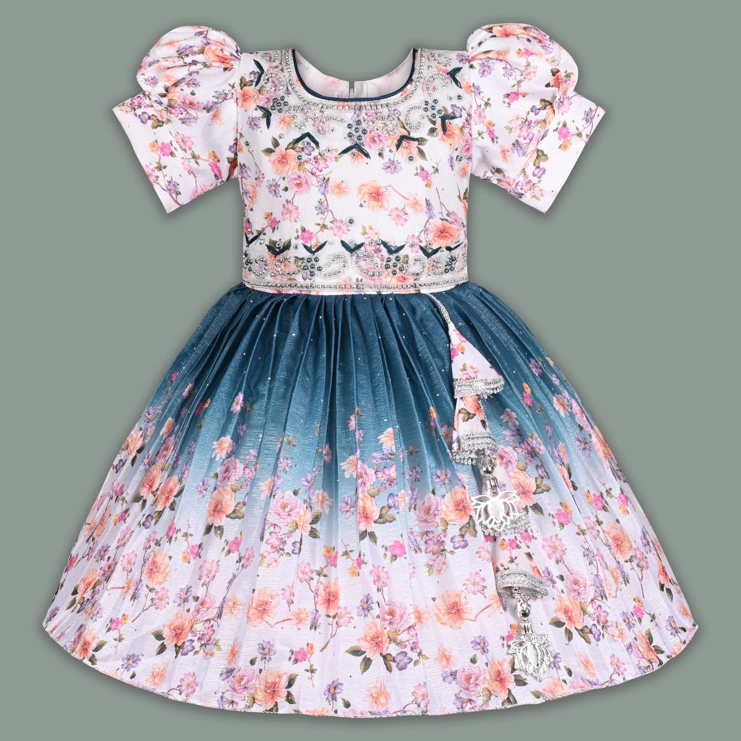 Elegant Kids Floral Party Dress – Art Silk Fabric | Embroidered Bodice | Puff Sleeves Occasion Wear