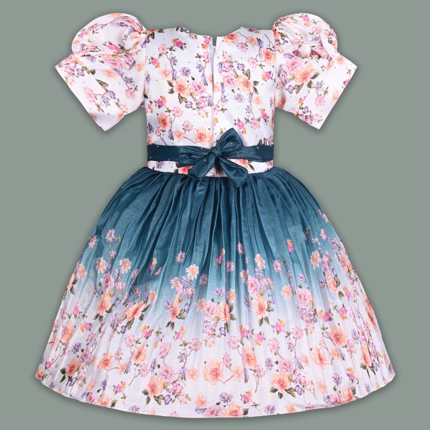Elegant Kids Floral Party Dress – Art Silk Fabric | Embroidered Bodice | Puff Sleeves Occasion Wear