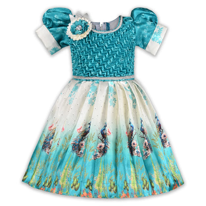 Elegant Kids Peacock Party Dress – Satin Fabric | Puff Sleeves | Designer Occasion Wear