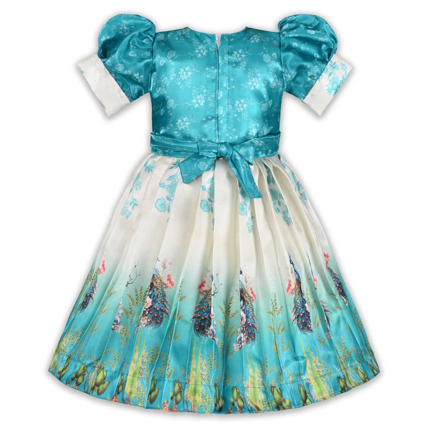 Elegant Kids Peacock Party Dress – Satin Fabric | Puff Sleeves | Designer Occasion Wear