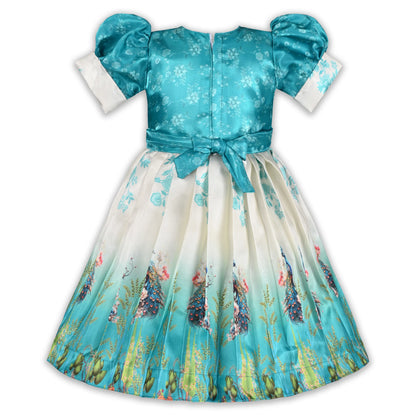 Elegant Kids Peacock Party Dress – Satin Fabric | Puff Sleeves | Designer Occasion Wear