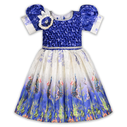 Elegant Kids Peacock Party Dress – Satin Fabric | Puff Sleeves | Designer Occasion Wear