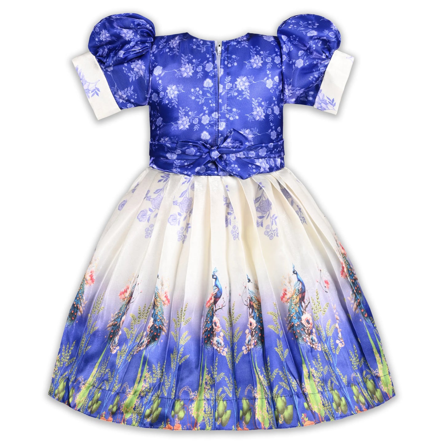 Elegant Kids Peacock Party Dress – Satin Fabric | Puff Sleeves | Designer Occasion Wear