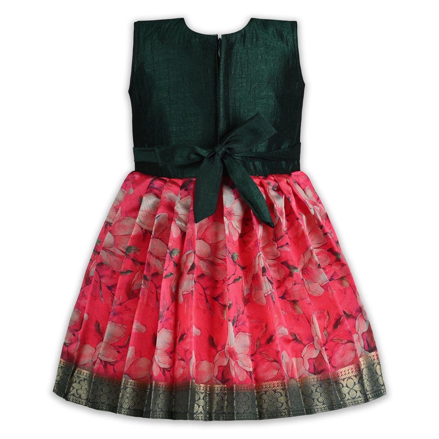 Girls Art Silk Party Dress with Embroidery & Floral Skirt | Ethnic Kids Festive Wear