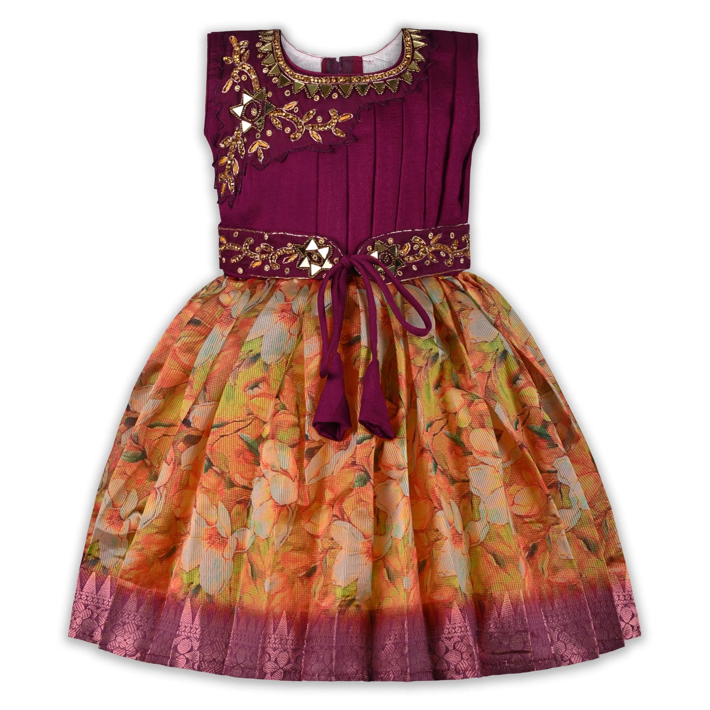 Girls Art Silk Party Dress with Embroidery & Floral Skirt | Ethnic Kids Festive Wear