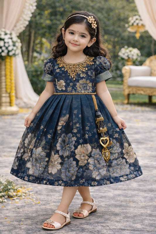 Girls Satin Floral Party Dress with Embroidery & Tassel Detail | Premium Kids Festive Wear