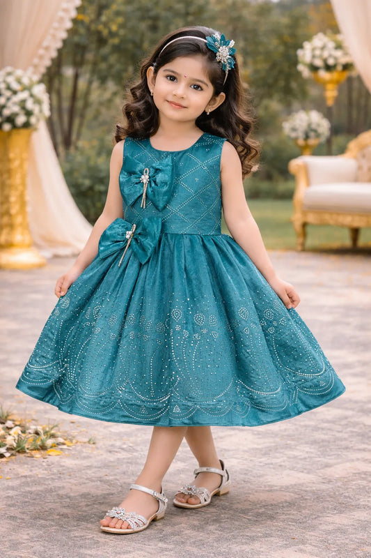 Girls Satin Party Dress with Bow Detail & Embellished Design | Premium Kids Festive Wear